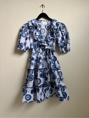 Victoria Dunn Blue Circle-Print Ruffle Dress